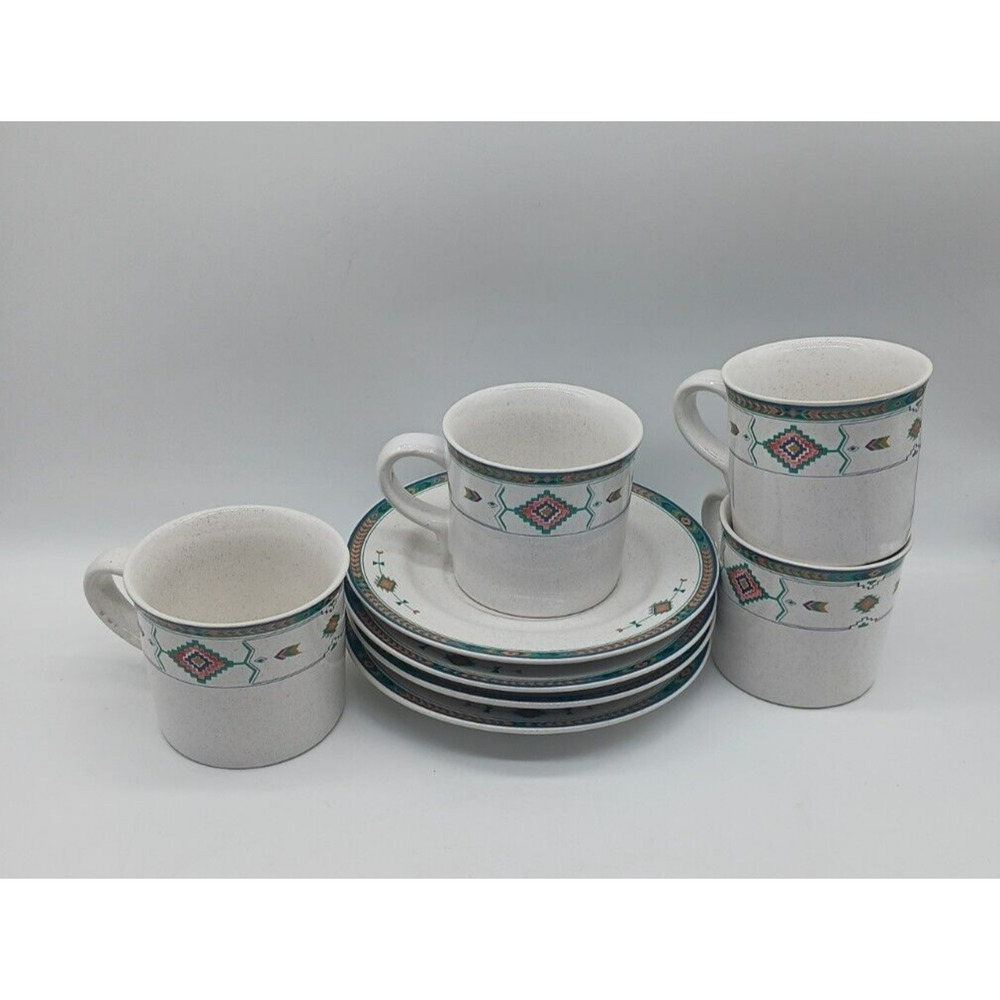4 Flat Cup Saucer Set Studio Nova Adirondack Mauve Geen Aztec Southwestern Y2201